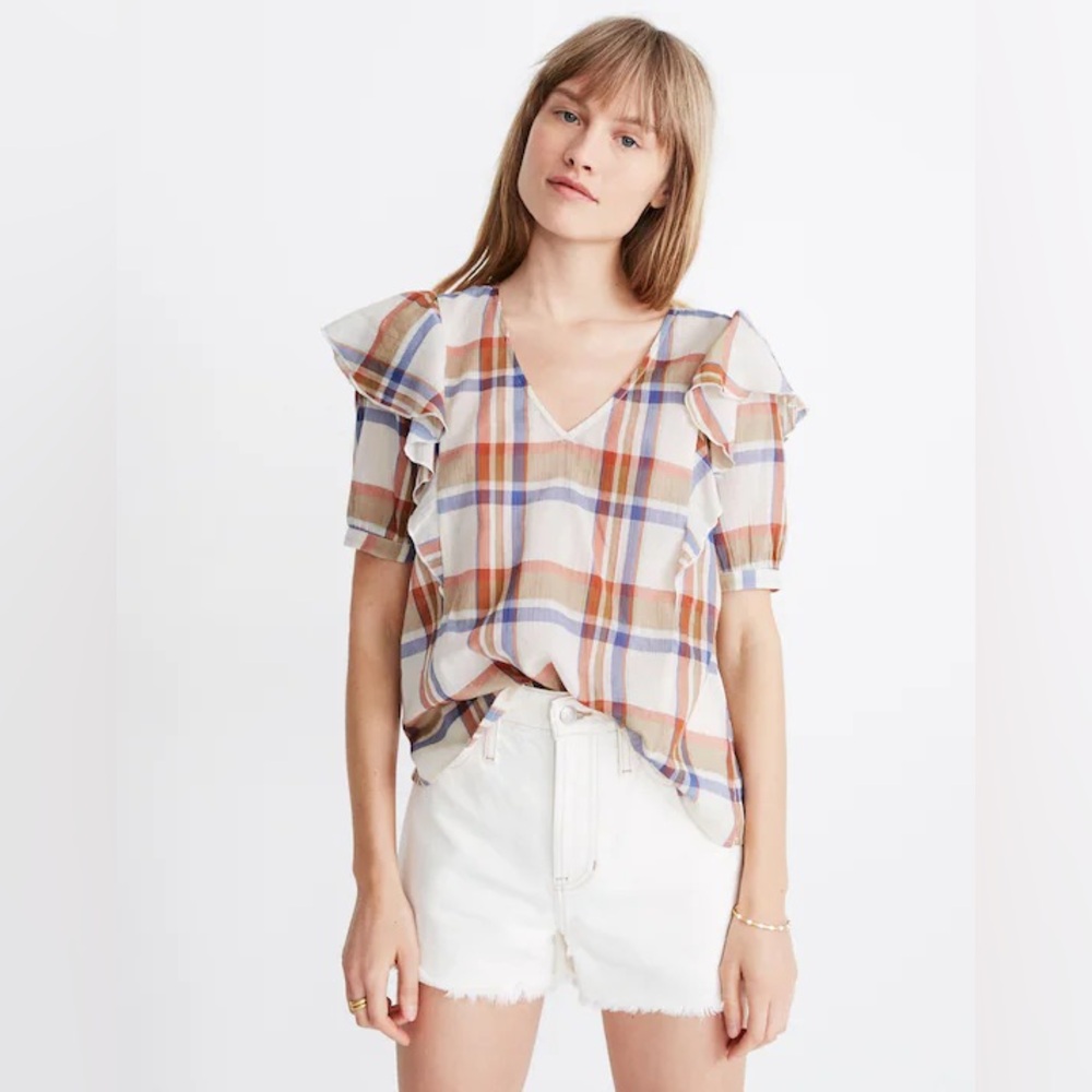 Madewell Women's Short Sleeve V-Neck Shoulder-Ruffle Top in Plaid